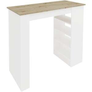 שולחן בר למטבח כולל מדפים דגם Tokyo מבית Tudo Design - בצבע לבן ופלטה אלון