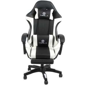 כיסא גיימינג כולל כרית עיסוי והדום נפתח לרגליים דגם 7008 מבית Tesla - צבע לבן