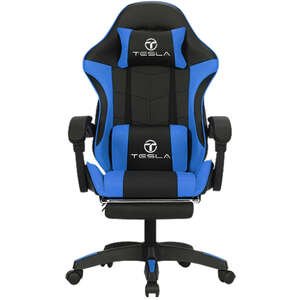 כיסא גיימינג כולל כרית עיסוי והדום נפתח לרגליים דגם 7008 מבית Tesla - צבע כחול