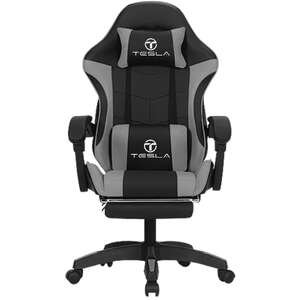 כיסא גיימינג כולל כרית עיסוי והדום נפתח לרגליים דגם 7008 מבית Tesla - צבע אפור