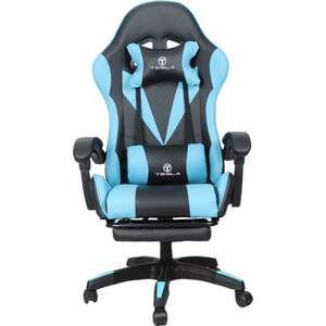 כיסא גיימינג כולל הדום לרגליים וכרית עיסוי חשמלית דגם 7001 מבית Tesla - צבע כחול