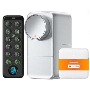 באנדל מנעול חכם לדלת דגם Lock Pro + קודן טביעת אצבע דגם Keypad Touch + רכזת חכמה תומכת Matter דגם Hub Mini מבית SwitchBot