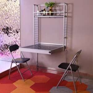 שולחן מתקפל לקיר כולל זוג כסאות ומדף אחסון דגם Accord מבית Bradex - צבע כסוף