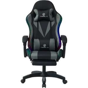כיסא גיימינג כולל תאורת LED, כרית עיסוי חשמלית והדום נפתח לרגליים דגם 7031 מבית Tesla - צבע אפור