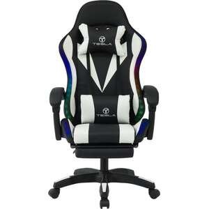 כיסא גיימינג כולל תאורת LED, כרית עיסוי חשמלית והדום נפתח לרגליים דגם 7031 מבית Tesla - צבע לבן