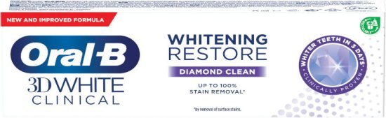 משחת שיניים להלבנה אוראל-בי 3D ווייט קליניקל דיימונד קלין – 75 מ״ל