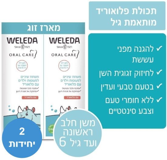 זוג משחות שיניים לפעוטות וילדים עם פלואוריד וולדה – 50 מ״ל