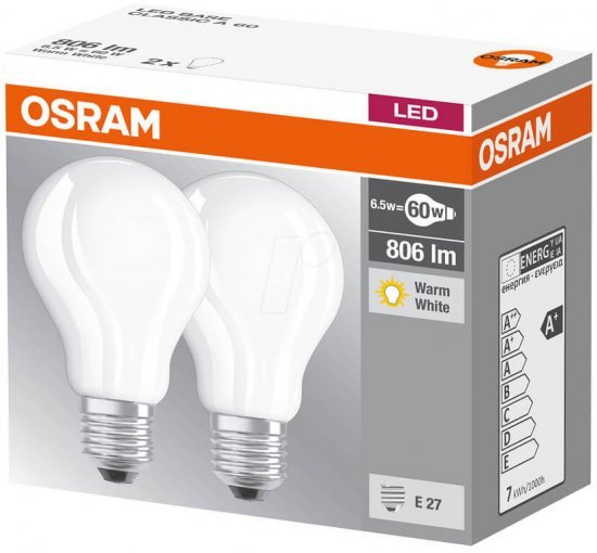 זוג נורות ליבון חלבי לד A60 E27 6.5W אור חם OSRAM – גוון אור 2700K