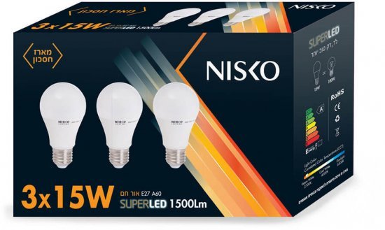 3 נורות LED ליבון NISKO 15W E27 A60 – אור חם גוון אור 2700K
