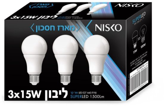 3 נורות LED ליבון NISKO 15W E27 A60 – אור קר 6500K