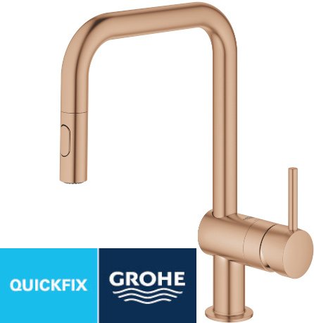 ברז נשלף עם פייה קשתית וידית GROHE דגם Minta – צבע זהב ורוד בגימור כרום