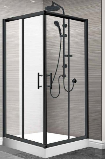 מקלחון הזזה פינתי 87–90 ס"מ דגם שירה מבית MATINA – זכוכית שקופה עם מסגרת שחורה