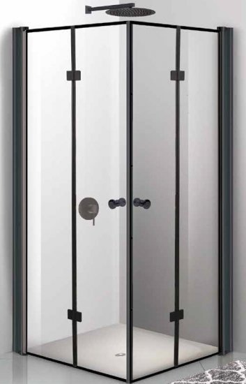 מקלחון פינתי הרמוניקה 77–80 ס"מ דגם רותם מבית MATINA – טקסטורה שקופה עם מסגרת ניקל שחורה