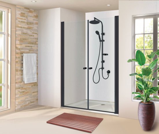 מקלחון חזית 80–85 ס"מ דגם גאיה מבית MATINA – זכוכית שקופה עם פרזול שחור