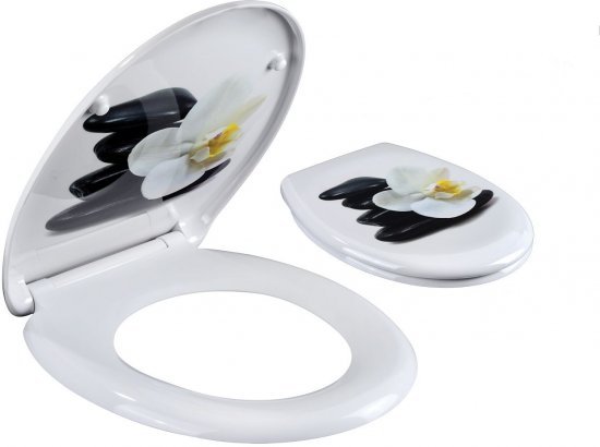 מושב אסלה טריקה שקטה דגם חלוקי נחל ופרח לבן מבית Aquila