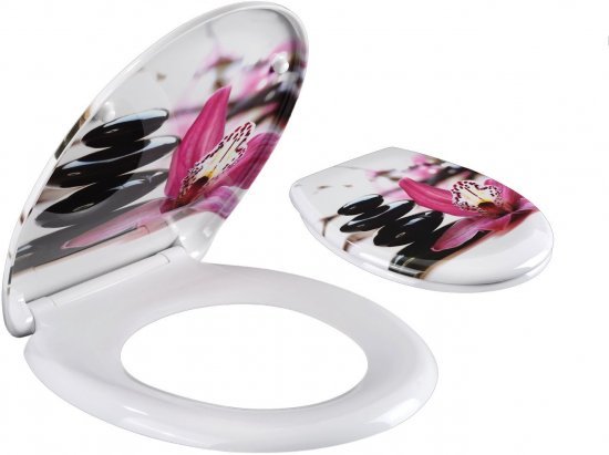 מושב אסלה טריקה שקטה דגם חלוקי נחל ופרח סגול מבית Aquila