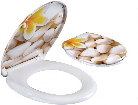 מושב אסלה טריקה שקטה דגם חלוקי נחל ופרח צהוב מבית Aquila