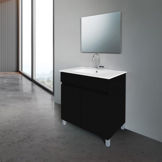 ארון אמבטיה עומד ברוחב 60 ס"מ עם כיור משטח ומראה מרחפת דגם וולקנו מבית MATINA – צבע שחור מט