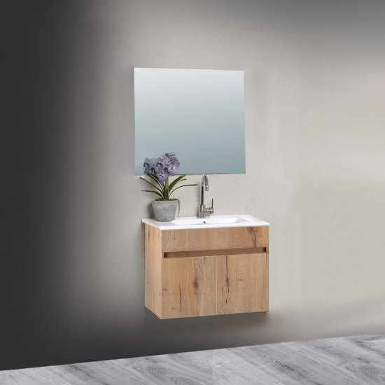 ארון אמבטיה תלוי 60 ס"מ עם כיור משטח ומראה מרחפת דגם פואמה מבית MATINA – צבע עץ