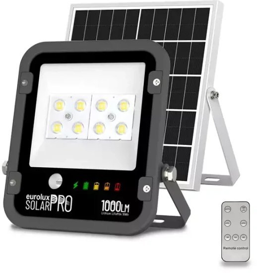 פנס הצפה סולארי LED עם שלט Eurolux LifePO4 1000LM IP65 – צבע שחור גוון אור 5700K