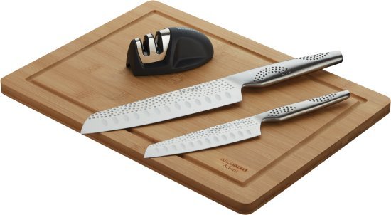 סט 4 חלקים – 2 סכיני שף סנטוקו + לוח חיתוך + משחיז דו שלבי – Arcosteel