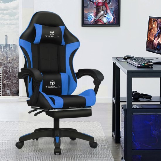 כיסא גיימינג Tesla דגם 7008 כחול עם כרית עיסוי והדום