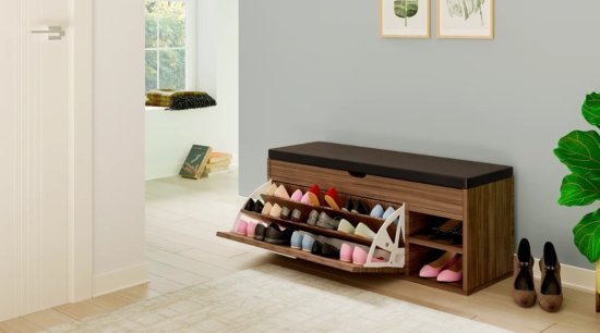 ארון נעליים משולב עם ספסל 100x50 ס''מ מבית Star Shop - צבע עץ כהה