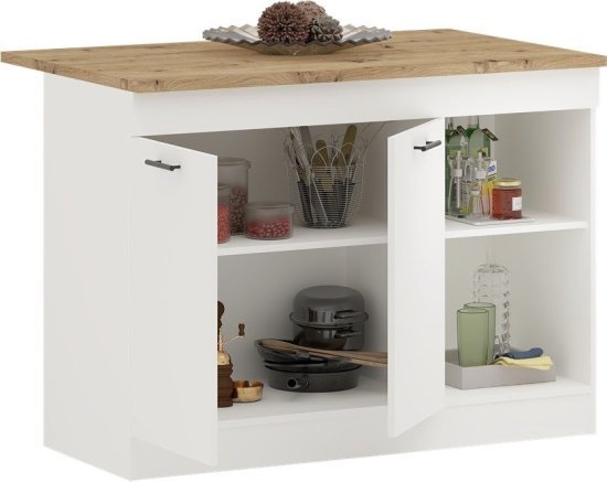 אי למטבח עם אחסון ופינת אוכל ל-2 סועדים 122 ס''מ דגם Rotem מבית Tudo Design - צבע לבן בשילוב אלון