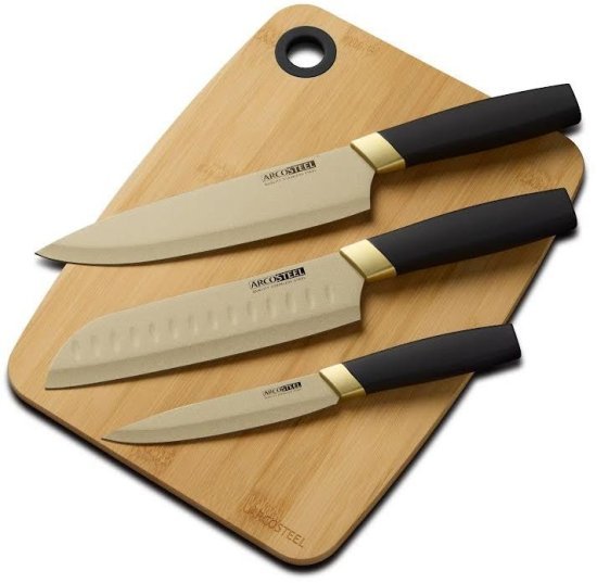 סט 4 חלקים – 3 סכינים + קרש חיתוך Arcosteel, שחור/זהב