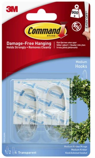 וו (מתלה) הדבקה שקוף 3M Command TRE17091 - גודל Medium - שתי יחידות