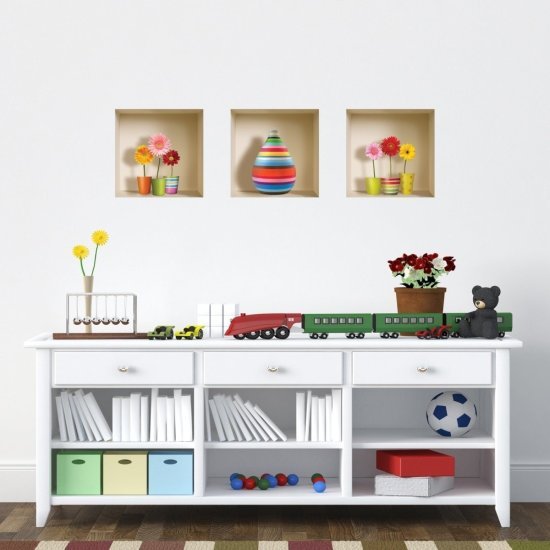 סט 3 מדבקות קיר 32x32 ס''מ מבית נישה קונספט - כדים צבעוניים ומפוספסים