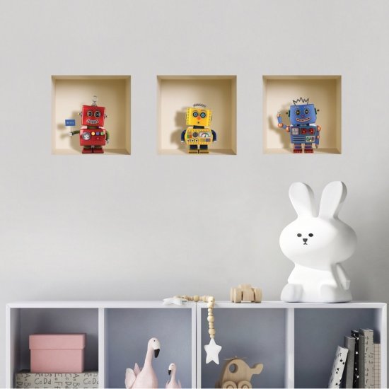סט 3 מדבקות קיר 32x32 ס''מ מבית נישה קונספט - רובוטים