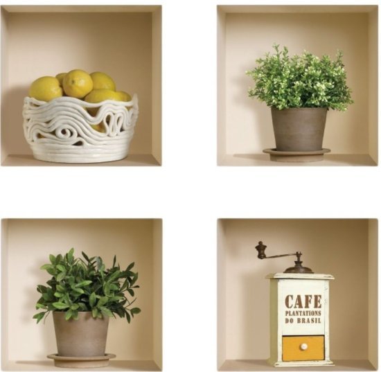 סט 4 מדבקות קיר 32x32 ס''מ מבית נישה קונספט - עציצים, מטחנת קפה ולימונים