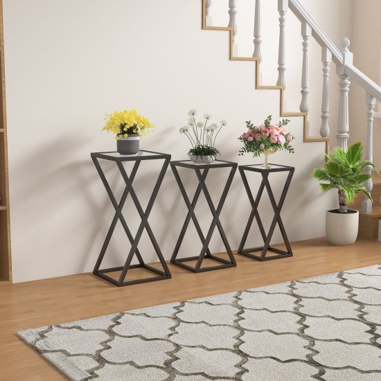 שלישיית שולחנות סלון דגם Antiv מבית StarShop - צבע מתכת מושחרת ומשטח זכוכית