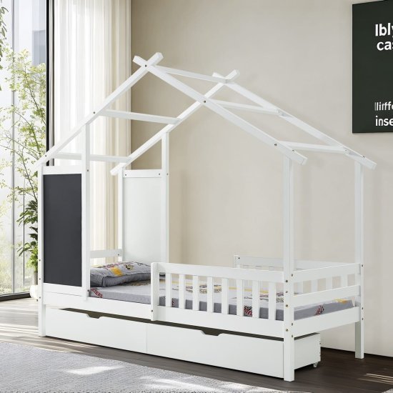 מיטת ילדים עם מגירות אחסון מעקה בטיחות ומזרן דגם Booka מבית Bradex - צבע לבן