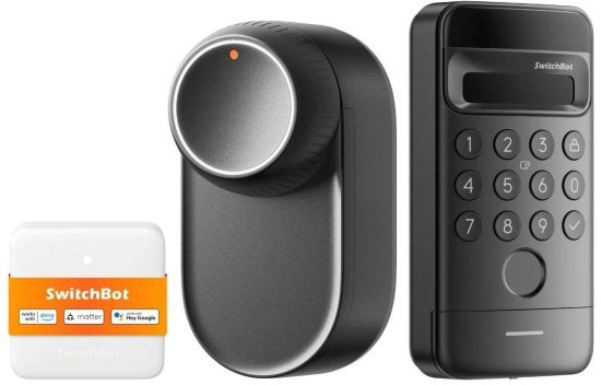 באנדל מנעול חכם לדלת דגם Lock Ultra + קודן זיהוי פנים דגם Keypad Vision + רכזת חכמה תומכת Matter דגם Hub Mini מבית SwitchBot - צבע שחור