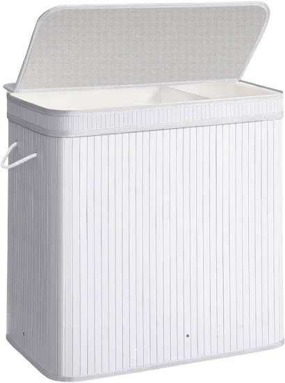 סל כביסה במבוק 100 ליטר מחולק 2 תאים מבית HomeSet - צבע לבן