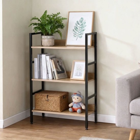 כוננית 3 מדפים ממתכת ומדפי עץ דגם Asif מבית Star Shop - צבע שחור / עץ אלון