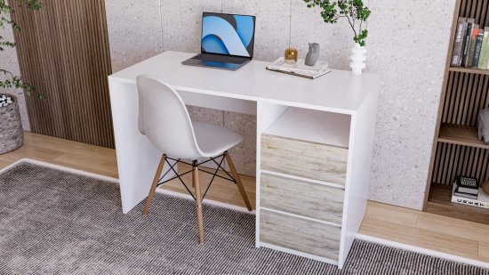 שולחן מחשב דגם ינאי 78x120x55 ס''מ Ramos - צבע לבן בשילוב צבע אורן בהיר