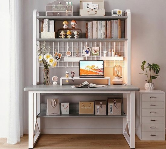 שולחן מחשב ברוחב 80 ס''מ כולל מדפים ורשת דגם RSM-2047 מבית Rosso Italy - שלדה לבנה משולבת עץ בצבע אפור