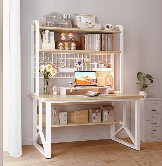 שולחן מחשב ברוחב 80 ס''מ כולל מדפים ורשת דגם RSM-2044 מבית Rosso Italy - שלדה לבנה משולבת עץ בצבע בהיר