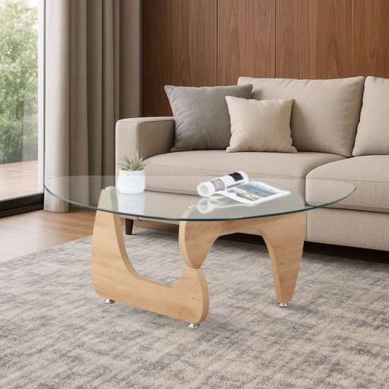 שולחן סלון ברוחב 114 ס"מ עם משטח זכוכית ובסיס מעץ דגם Stav מבית Woody - צבע מייפל